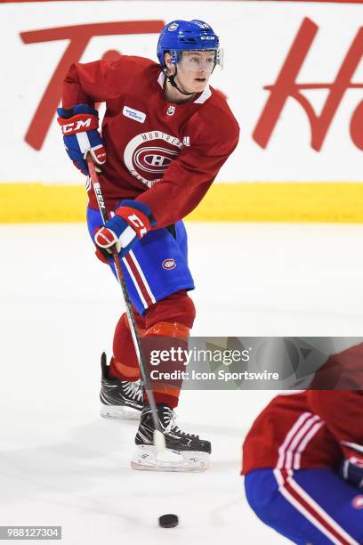 Montreal Canadiens Prospect Centre Allan McShane skates with the puck during the Montreal Canadiens Development Camp on June 30 at Bell Sports...