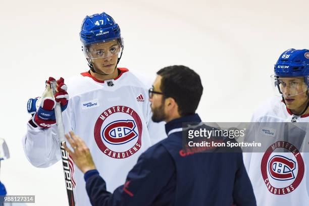Montreal Canadiens Prospect Centre Jesperi Kotkaniemi listens to instructions from coaching staff during the Montreal Canadiens Development Camp on...