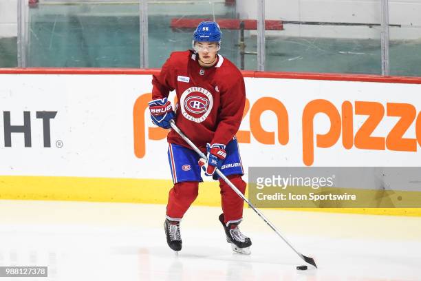 Montreal Canadiens Prospect Defenseman Jordan Harris skates with the puck during the Montreal Canadiens Development Camp on June 30 at Bell Sports...