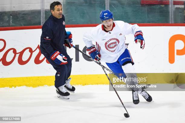 Montreal Canadiens Prospect Defenseman Otto Leskinen performs a drill during the Montreal Canadiens Development Camp on June 30 at Bell Sports...