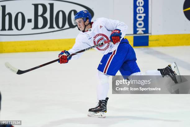 Montreal Canadiens Prospect Defenseman Cale Fleury shoots the puck during the Montreal Canadiens Development Camp on June 30 at Bell Sports Complex...