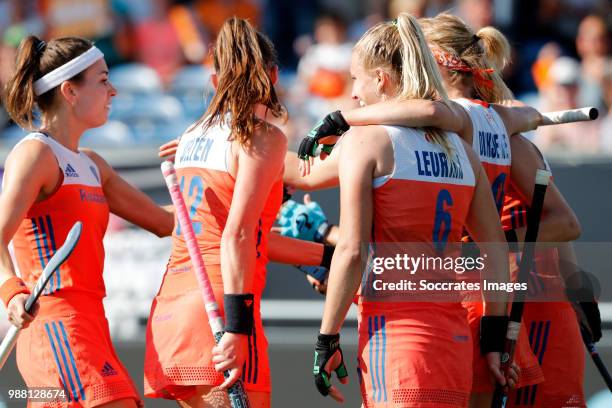 Caia van Maasakker of Holland Women celebrates 2-1 with Laurien Leurink of Holland Women, Carlien Dirkse van den Heuvel of Holland Women during the...