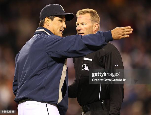 Manager Don Wakamatsu of the Seattle Mariners argues a call with umpire Jim Wolf against the Texas Rangers at Safeco Field on April 30, 2010 in...