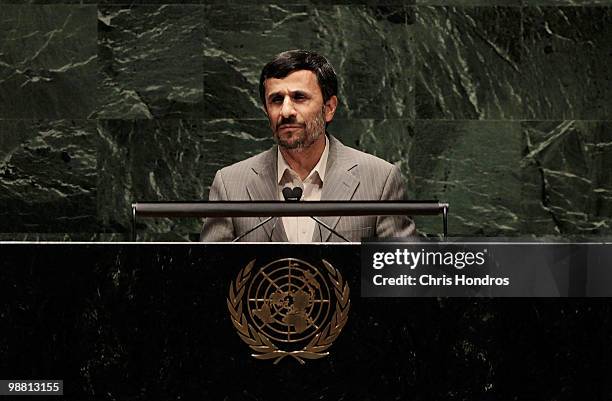 Iranian president Mahmoud Ahmadinejad addresses the delegation of the Nuclear Non- Proliferation Treaty Review Conference May 3, 2010 at the United...