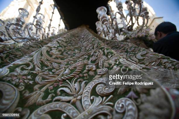 the "coronation cloak" of the macarena virgin, a superb embroidering work with gold thread, seville, - superb stock pictures, royalty-free photos & images