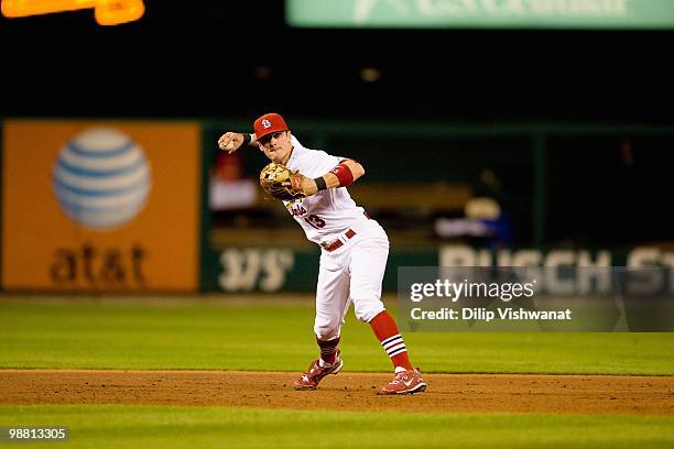 Brendan Ryan of the St. Louis Cardinals against the Atlanta Braves at Busch Stadium on April 28, 2010 in St. Louis, Missouri.