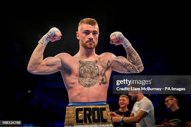 Lewis Crocker uses after defeating Adam Grabie during a International Welterweight Contest at the SSE Arena, Belfast.