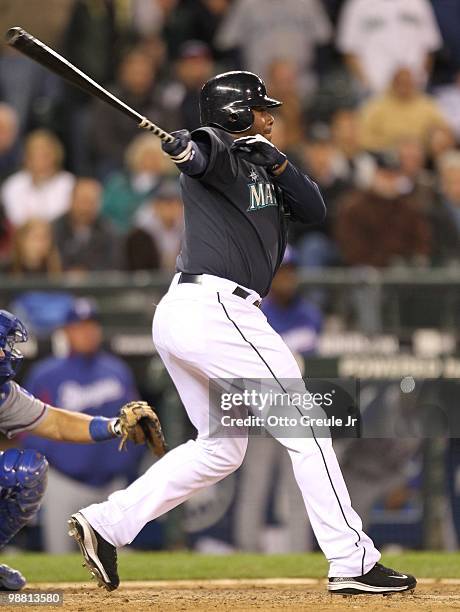 Ken Griffey Jr. #24 of the Seattle Mariners bats against the Texas Rangers at Safeco Field on April 30, 2010 in Seattle, Washington.