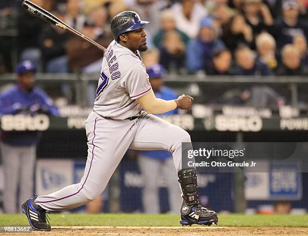 Vladimir Guerrero of the Texas Rangers bats against the Seattle Mariners at Safeco Field on April 30, 2010 in Seattle, Washington.