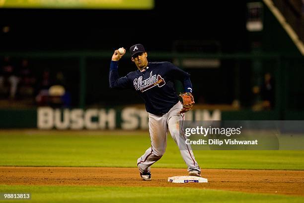 Yunel Escobar of the Atlanta Braves throws to first base against the St. Louis Cardinals at Busch Stadium on April 28, 2010 in St. Louis, Missouri.