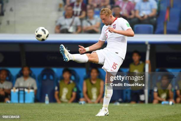 Kamil Glik of Poland kicks the ball during the 2018 FIFA World Cup Russia group H match between Japan and Poland at Volgograd Arena on June 28, 2018...