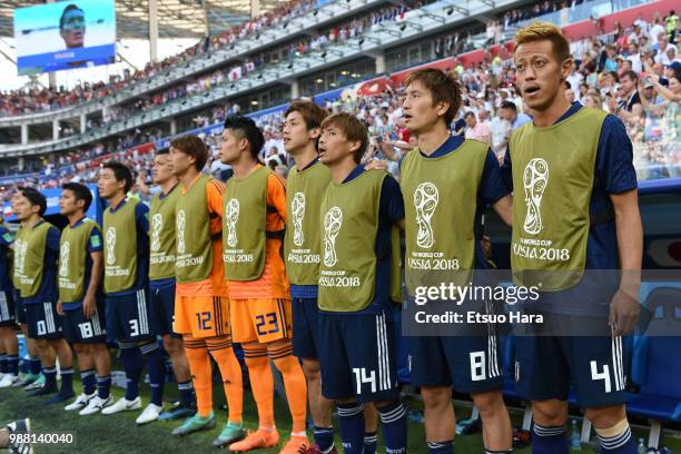 Players of Japan line up prior to the 2018 FIFA World Cup Russia group H match between Japan and Poland at Volgograd Arena on June 28, 2018 in...