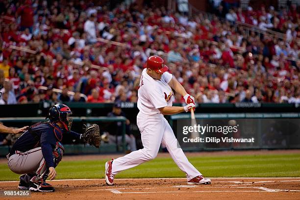 Matt Holliday of the St. Louis Cardinals bats against the Atlanta Braves at Busch Stadium on April 28, 2010 in St. Louis, Missouri.