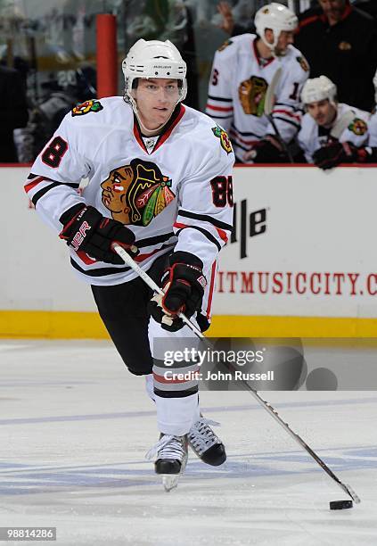 Patrick Kane of the Chicago Blackhawks skates against the Nashville Predators in Game Six of the Western Conference Quarterfinals during the 2010 NHL...