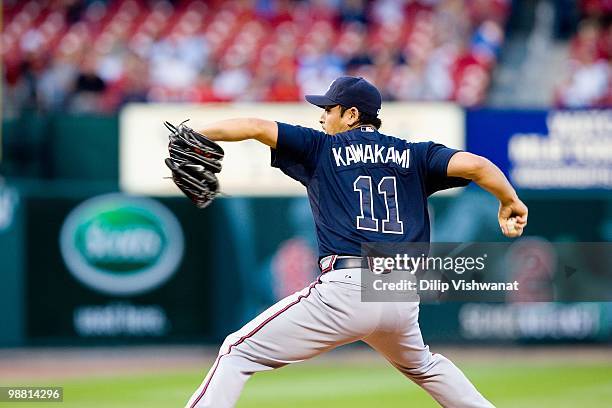 Starting pitcher Kenshin Kawakami of the Atlanta Braves throws against the St. Louis Cardinals at Busch Stadium on April 28, 2010 in St. Louis,...