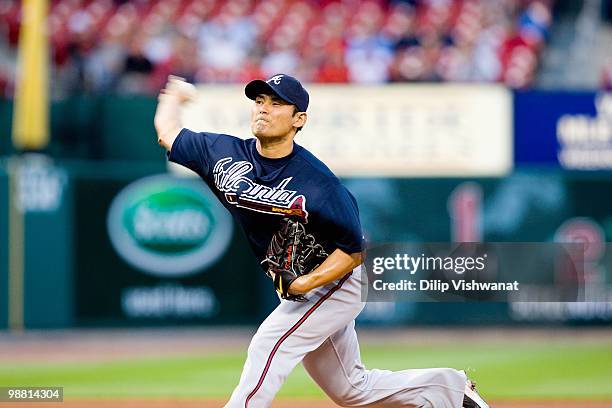 Starting pitcher Kenshin Kawakami of the Atlanta Braves throws against the St. Louis Cardinals at Busch Stadium on April 28, 2010 in St. Louis,...