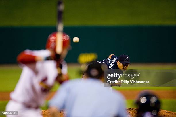 Starting pitcher Kenshin Kawakami of the Atlanta Braves throws against the St. Louis Cardinals at Busch Stadium on April 28, 2010 in St. Louis,...