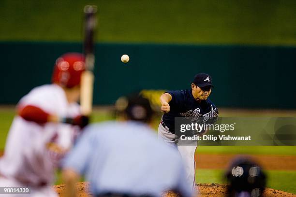 Starting pitcher Kenshin Kawakami of the Atlanta Braves throws against the St. Louis Cardinals at Busch Stadium on April 28, 2010 in St. Louis,...