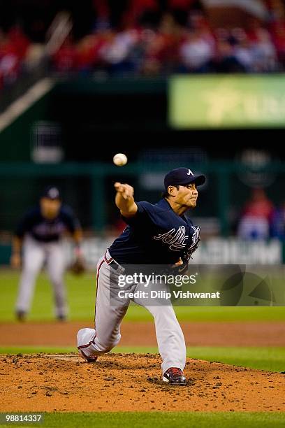 Starting pitcher Kenshin Kawakami of the Atlanta Braves throws against the St. Louis Cardinals at Busch Stadium on April 28, 2010 in St. Louis,...