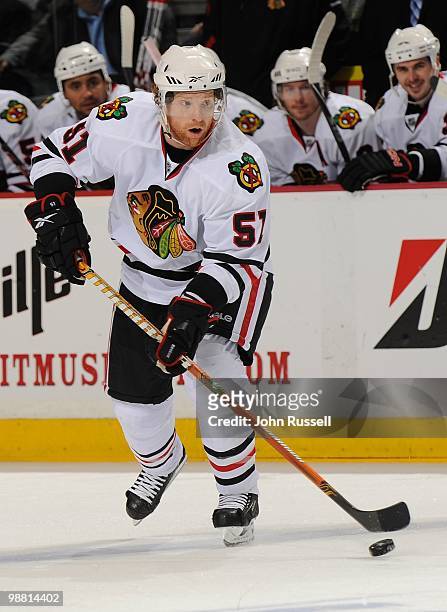 Brian Campbell of the Chicago Blackhawks skates against the Nashville Predators in Game Six of the Western Conference Quarterfinals during the 2010...