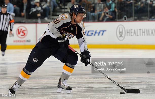 Martin Erat of the Nashville Predators skates against the Chicago Blackhawks in Game Six of the Western Conference Quarterfinals during the 2010 NHL...