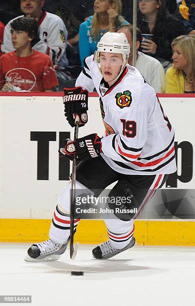 Jonathan Toews of the Chicago Blackhawks skates against the Nashville Predators in Game Six of the Western Conference Quarterfinals during the 2010...