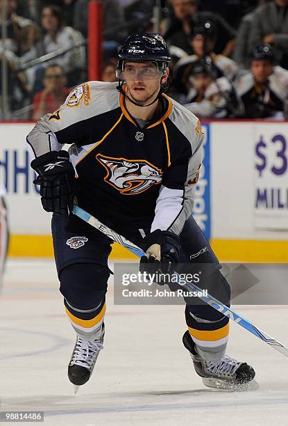 Denis Grebeshkov of the Nashville Predators skates against the Chicago Blackhawks in Game Six of the Western Conference Quarterfinals during the 2010...