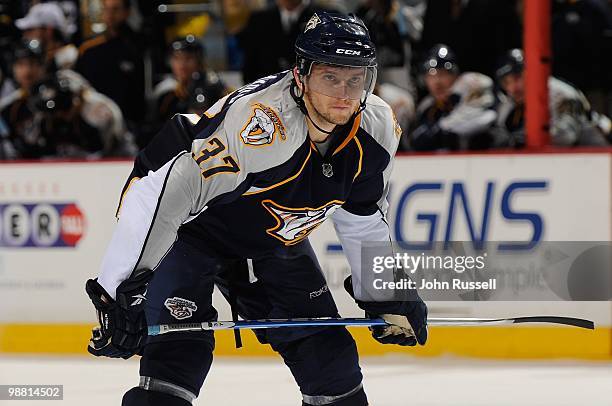 Denis Grebeshkov of the Nashville Predators skates against the Chicago Blackhawks in Game Six of the Western Conference Quarterfinals during the 2010...