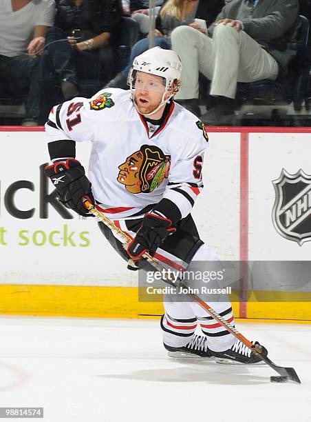 Brian Campbell of the Chicago Blackhawks skates against the Nashville Predators in Game Six of the Western Conference Quarterfinals during the 2010...