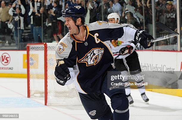 Jason Arnott of the Nashville Predators celebrates a goal against the Chicago Blackhawks in Game Six of the Western Conference Quarterfinals during...