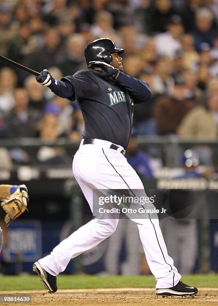 Ken Griffey Jr. #24 of the Seattle Mariners bats against the Texas Rangers at Safeco Field on April 30, 2010 in Seattle, Washington.