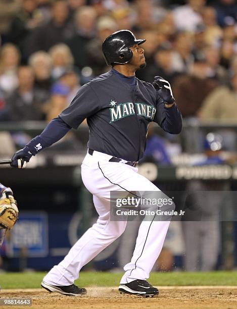 Ken Griffey Jr. #24 of the Seattle Mariners bats against the Texas Rangers at Safeco Field on April 30, 2010 in Seattle, Washington.