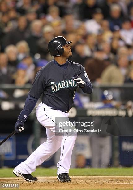 Ken Griffey Jr. #24 of the Seattle Mariners bats against the Texas Rangers at Safeco Field on April 30, 2010 in Seattle, Washington.