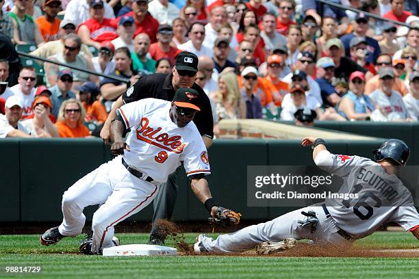 Thirdbaseman Miguel tejada of the Baltimore Orioles tags out Marco Scutaro of the Boston Red Sox trying to steal thirdbase during the top of the...