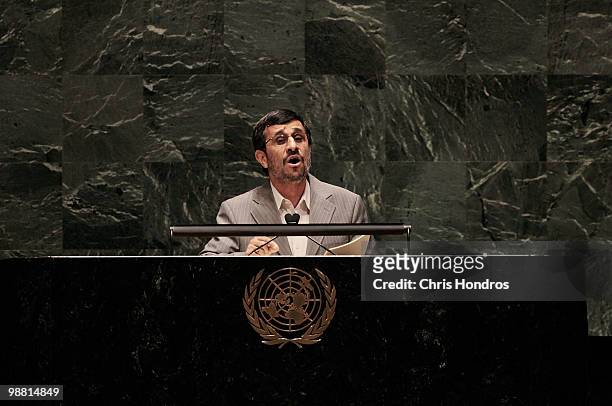 Iranian president Mahmoud Ahmadinejad addresses the delegation of the Nuclear Non- Proliferation Treaty Review Conference May 3, 2010 at the United...