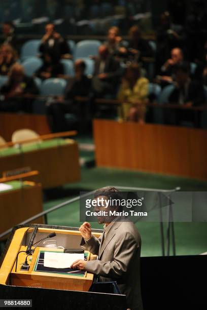 Iranian President Mahmoud Ahmadinejad speaks at the United Nations 2010 High-level Review Conference of the Parties to the Treaty on the...