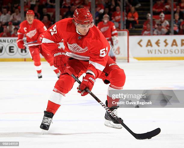 Valtteri Filppula of the Detroit Red Wings controls the puck during Game Four of the Eastern Conference Quarterfinals of the 2010 NHL Stanley Cup...