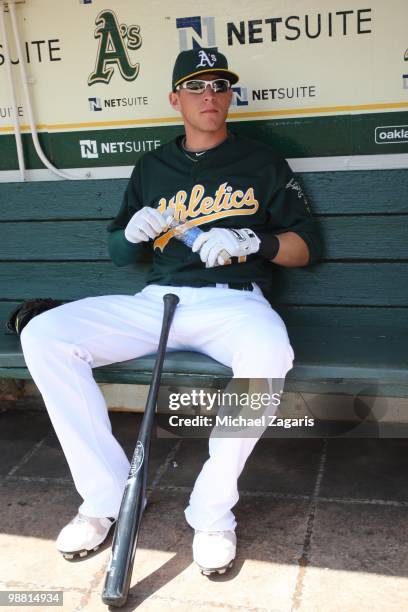 Ryan Sweeney of the Oakland Athletics sitting in the dugout prior to the game against the New York Yankees at the Oakland Coliseum on April 22, 2010...