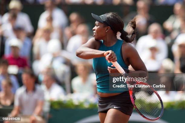 June 9. French Open Tennis Tournament - Day Twelve. Sloane Stephens of the United States in action against Simona Halep of Romania on Court...