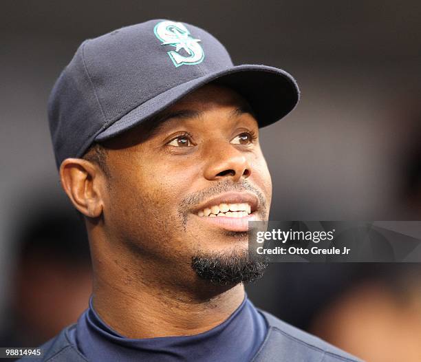 Ken Griffey Jr. #24 of the Seattle Mariners smiles in the dugout prior to the game against the Texas Rangers at Safeco Field on April 30, 2010 in...