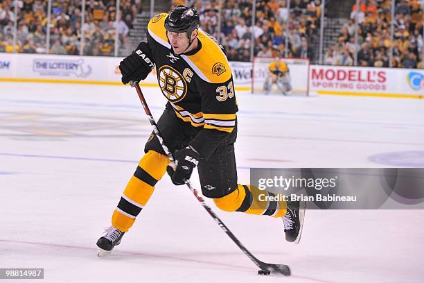 Zdeno Chara of the Boston Bruins shoots the puck against the Philadelphia Flyers in Game One of the Eastern Conference Semifinals during the 2010 NHL...