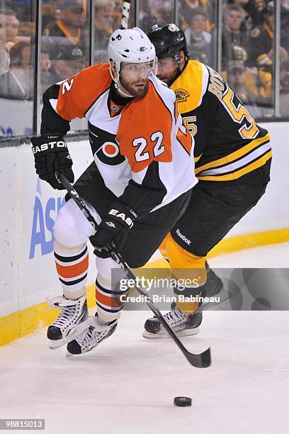 Ville Leino of the Philadelphia Flyers skates with the puck against the Boston Bruins in Game One of the Eastern Conference Semifinals during the...