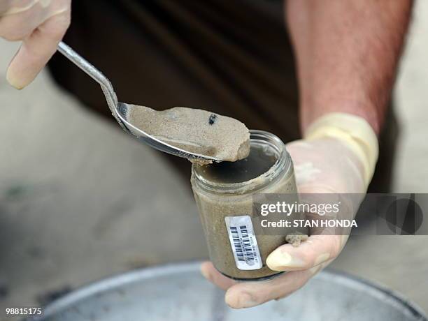 Environmental Protection Agency scientist Archie Lee collects a sample of sand May 3, 2010 on the beach in Biloxi, Mississippi in anticipation of the...