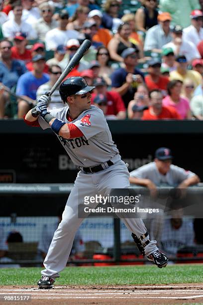 Secondbaseman Dustin Pedroia of the Boston Red Sox strides into a pitch during the top of the first inning of a game on May 2, 2010 against the...