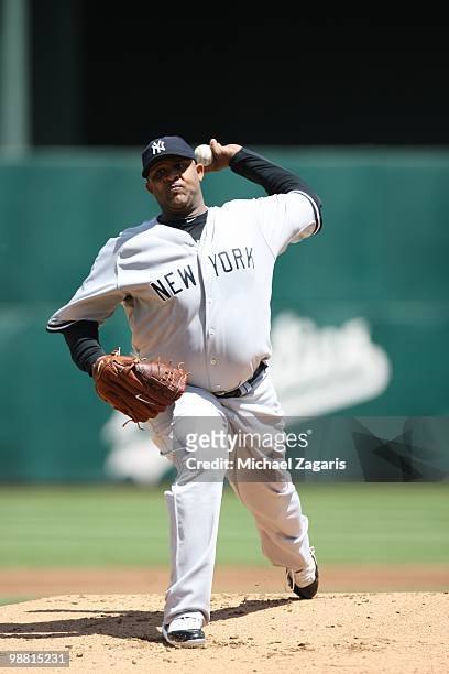 Sabathia of the New York Yankees pitching during the game against the Oakland Athletics at the Oakland Coliseum on April 22, 2010 in Oakland,...