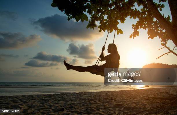 perfil de la bella silueta de mujer en columpio de cuerda al atardecer en la playa tropical. - rope swing fotografías e imágenes de stock