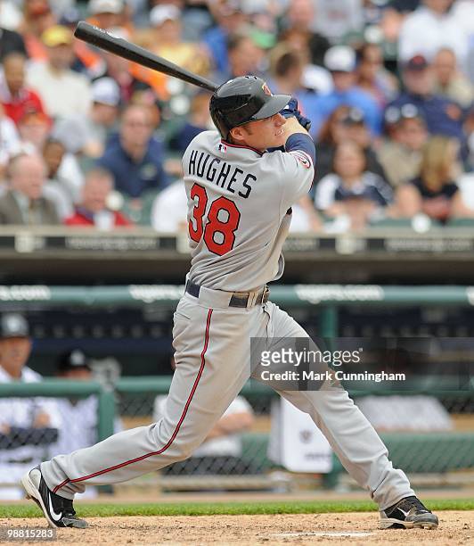 Luke Hughes of the Minnesota Twins bats against the Detroit Tigers during the game at Comerica Park on April 29, 2010 in Detroit, Michigan. The...