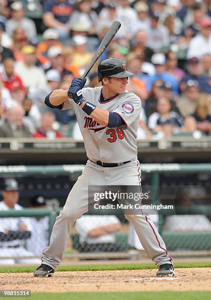 Luke Hughes of the Minnesota Twins bats against the Detroit Tigers during the game at Comerica Park on April 29, 2010 in Detroit, Michigan. The...