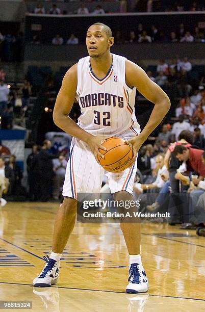 Bors Diaw of the Charlotte Bobcats looks for an open teammate against the Orlando Magic at Time Warner Cable Arena on April 26, 2010 in Charlotte,...