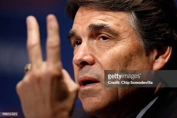 Texas Governor Rick Perry addresses a U.S. Chamber of Commerce summit on "the role of free enterprise in job creation" at the chamber May 3, 2010 in...